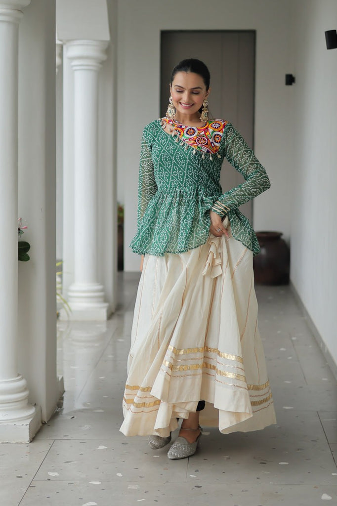 Green Navratri Special Cotton Lehenga Choli Set with Gota Patti Lace & Bandhani Gamthi Work – Full Stitched ClothsVilla