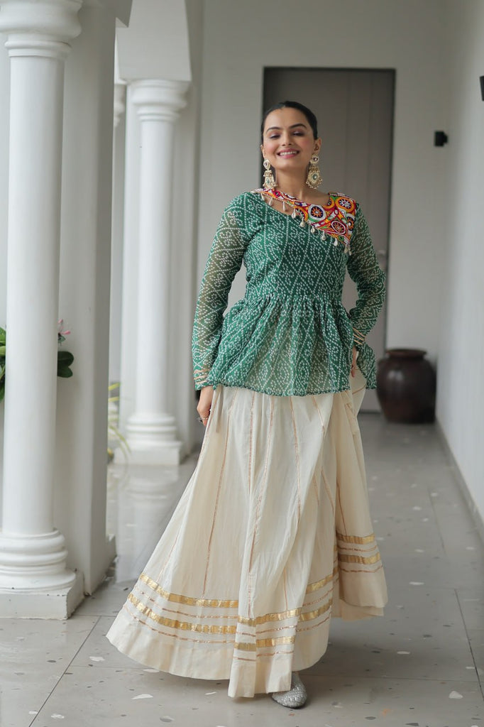 Green Navratri Special Cotton Lehenga Choli Set with Gota Patti Lace & Bandhani Gamthi Work – Full Stitched ClothsVilla