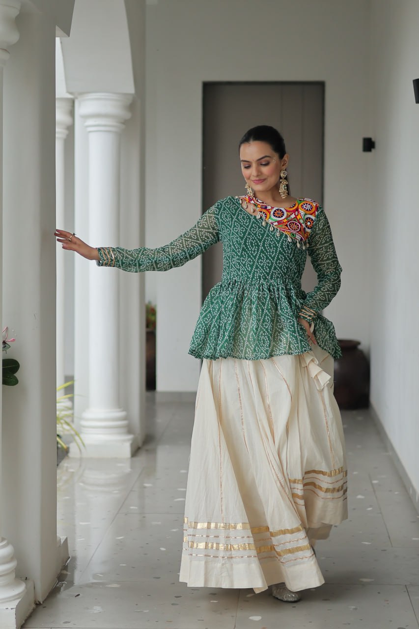 Green Navratri Special Cotton Lehenga Choli Set with Gota Patti Lace & Bandhani Gamthi Work – Full Stitched ClothsVilla