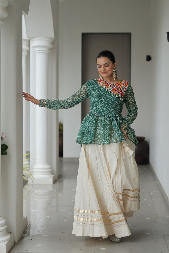 Green Navratri Special Cotton Lehenga Choli Set with Gota Patti Lace & Bandhani Gamthi Work – Full Stitched ClothsVilla