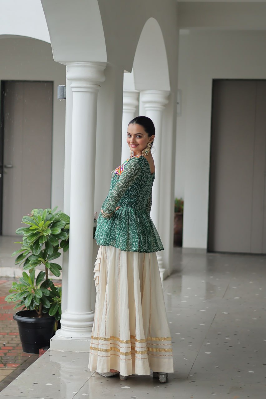 Green Navratri Special Cotton Lehenga Choli Set with Gota Patti Lace & Bandhani Gamthi Work – Full Stitched ClothsVilla
