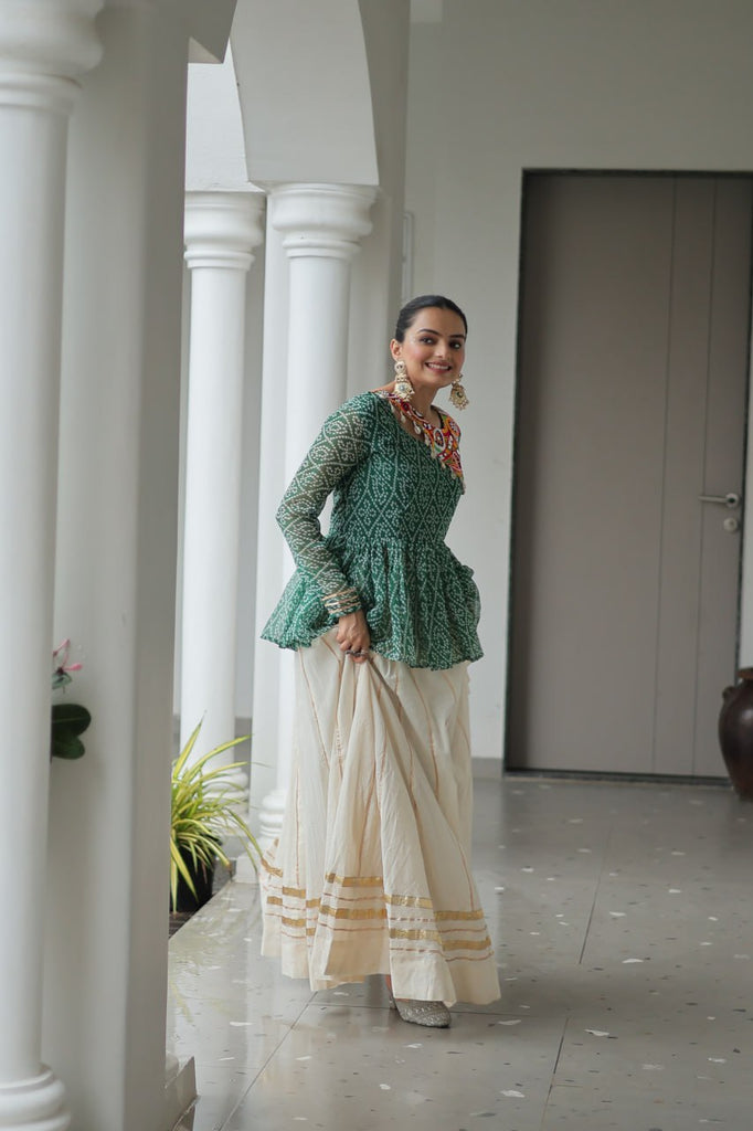 Green Navratri Special Cotton Lehenga Choli Set with Gota Patti Lace & Bandhani Gamthi Work – Full Stitched ClothsVilla