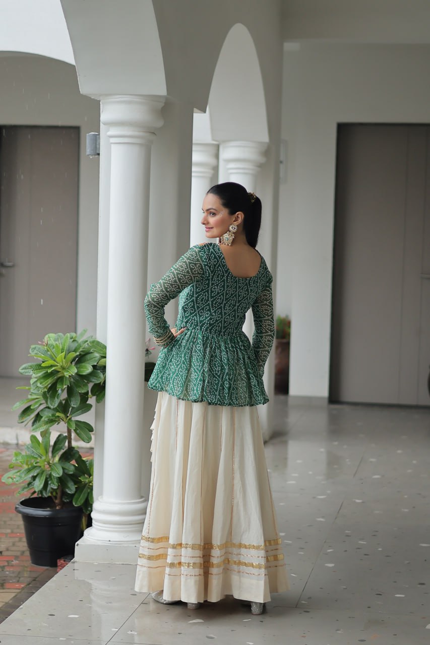 Green Navratri Special Cotton Lehenga Choli Set with Gota Patti Lace & Bandhani Gamthi Work – Full Stitched ClothsVilla