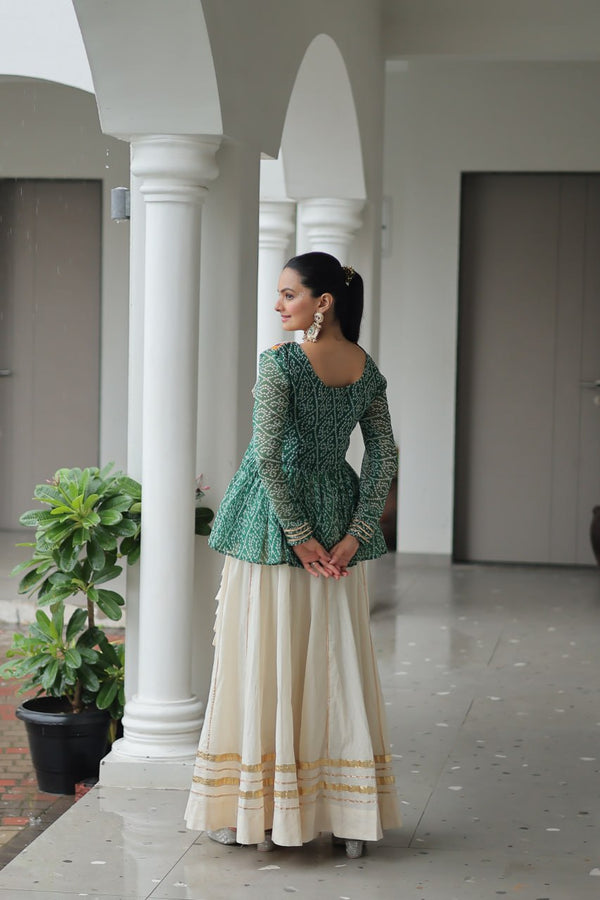 Green Navratri Special Cotton Lehenga Choli Set with Gota Patti Lace & Bandhani Gamthi Work – Full Stitched ClothsVilla