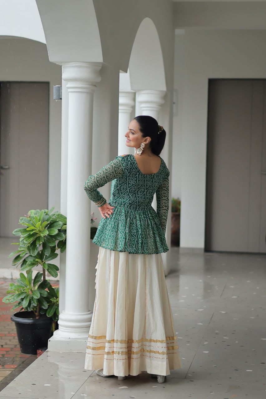 Green Navratri Special Cotton Lehenga Choli Set with Gota Patti Lace & Bandhani Gamthi Work – Full Stitched ClothsVilla
