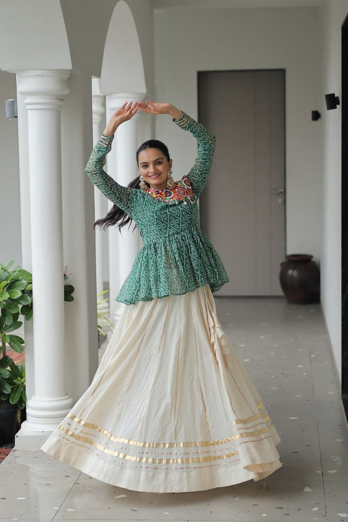 Green Navratri Special Cotton Lehenga Choli Set with Gota Patti Lace & Bandhani Gamthi Work – Full Stitched ClothsVilla