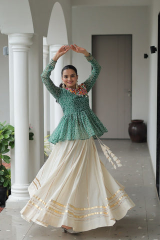 Green Navratri Special Cotton Lehenga Choli Set with Gota Patti Lace & Bandhani Gamthi Work – Full Stitched ClothsVilla