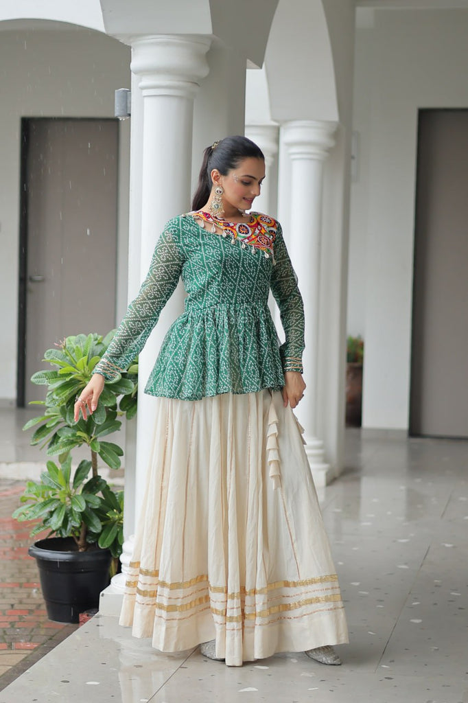 Green Navratri Special Cotton Lehenga Choli Set with Gota Patti Lace & Bandhani Gamthi Work – Full Stitched ClothsVilla