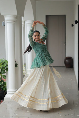 Green Navratri Special Cotton Lehenga Choli Set with Gota Patti Lace & Bandhani Gamthi Work – Full Stitched ClothsVilla
