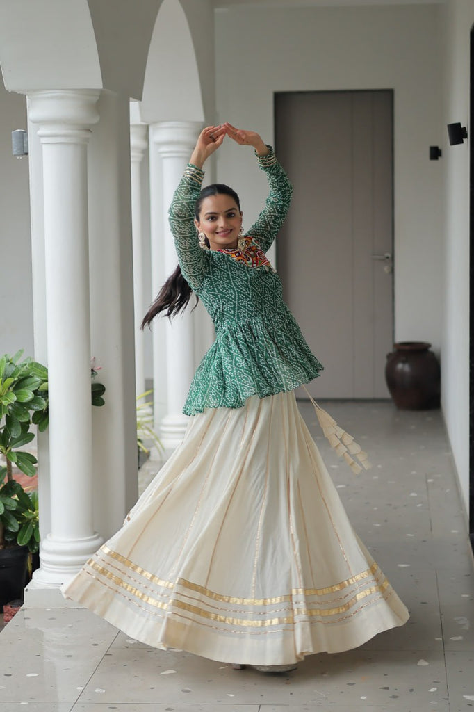 Green Navratri Special Cotton Lehenga Choli Set with Gota Patti Lace & Bandhani Gamthi Work – Full Stitched ClothsVilla