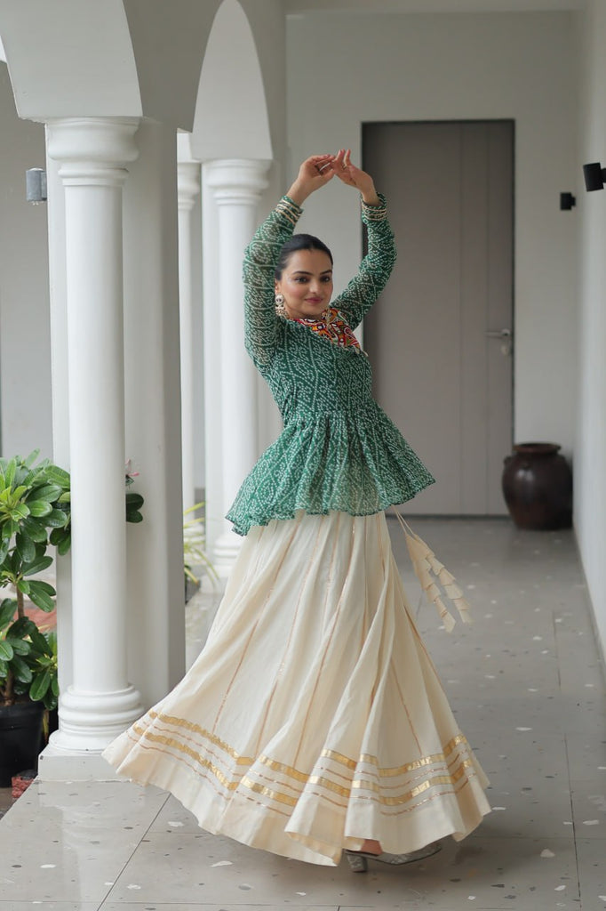 Green Navratri Special Cotton Lehenga Choli Set with Gota Patti Lace & Bandhani Gamthi Work – Full Stitched ClothsVilla