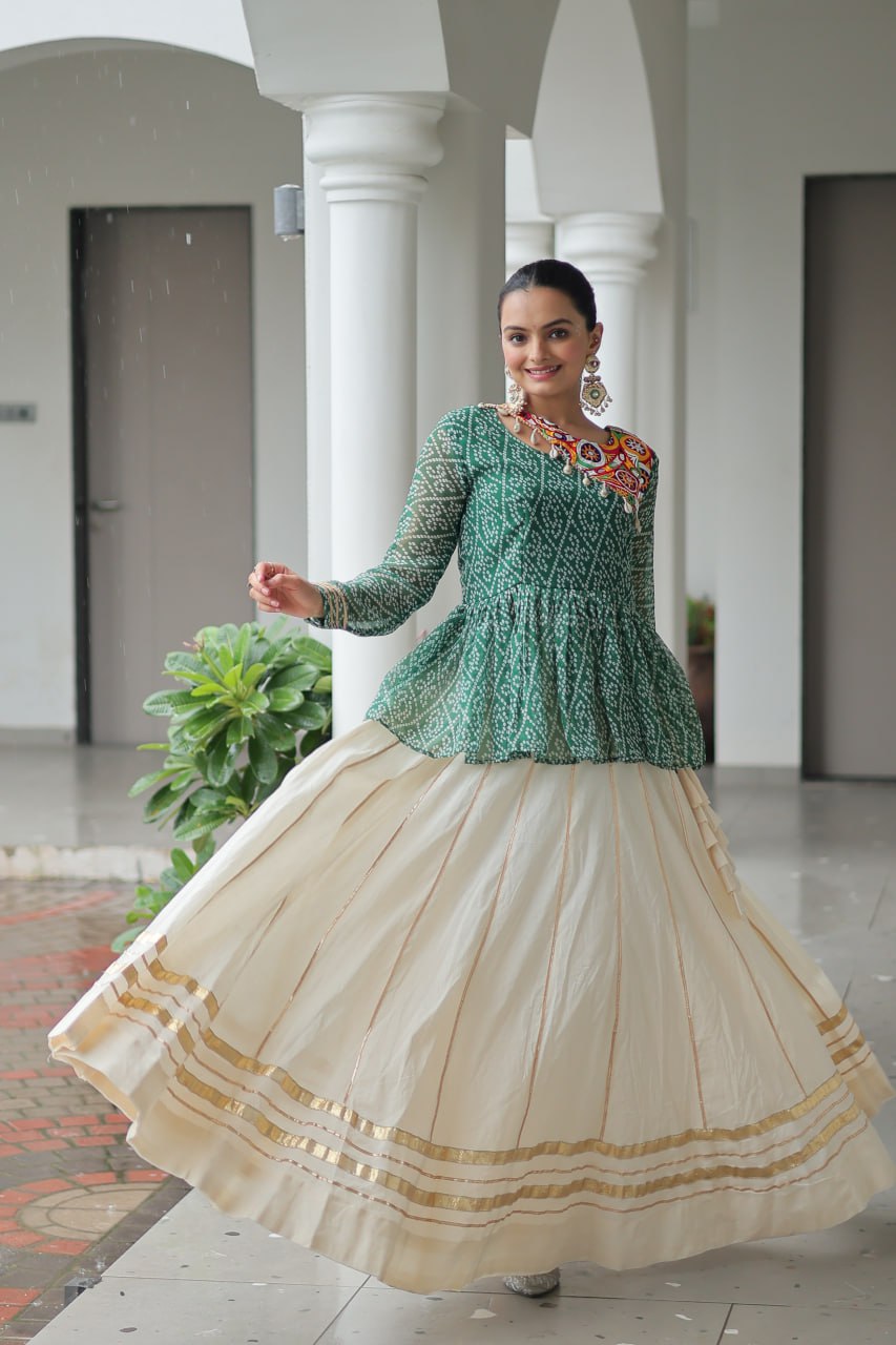 Green Navratri Special Cotton Lehenga Choli Set with Gota Patti Lace & Bandhani Gamthi Work – Full Stitched ClothsVilla