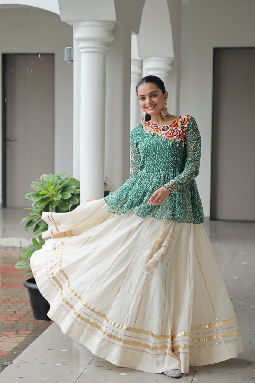 Green Navratri Special Cotton Lehenga Choli Set with Gota Patti Lace & Bandhani Gamthi Work – Full Stitched ClothsVilla
