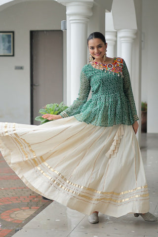 Green Navratri Special Cotton Lehenga Choli Set with Gota Patti Lace & Bandhani Gamthi Work – Full Stitched ClothsVilla