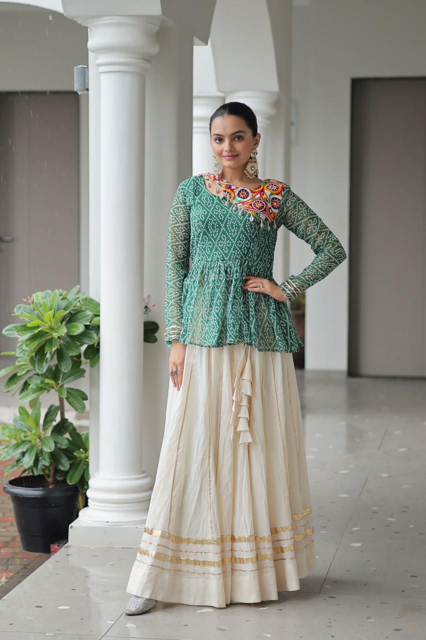 Green Navratri Special Cotton Lehenga Choli Set with Gota Patti Lace & Bandhani Gamthi Work – Full Stitched ClothsVilla