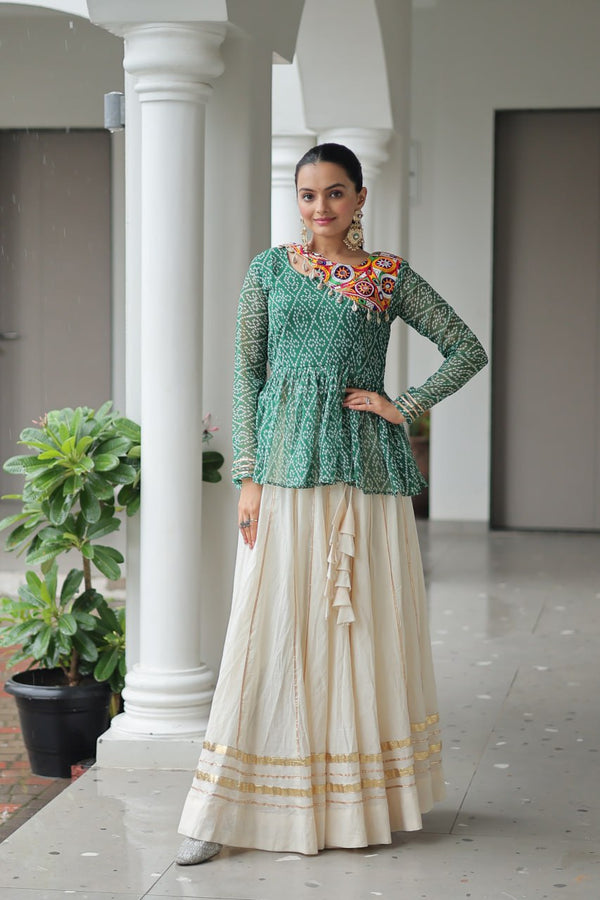 Green Navratri Special Cotton Lehenga Choli Set with Gota Patti Lace & Bandhani Gamthi Work – Full Stitched ClothsVilla