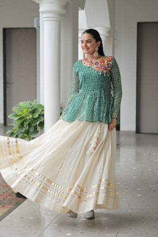 Green Navratri Special Cotton Lehenga Choli Set with Gota Patti Lace & Bandhani Gamthi Work – Full Stitched ClothsVilla