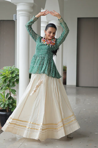 Green Navratri Special Cotton Lehenga Choli Set with Gota Patti Lace & Bandhani Gamthi Work – Full Stitched ClothsVilla