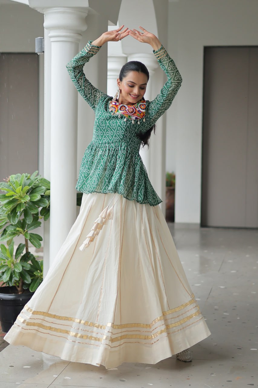 Green Navratri Special Cotton Lehenga Choli Set with Gota Patti Lace & Bandhani Gamthi Work – Full Stitched ClothsVilla