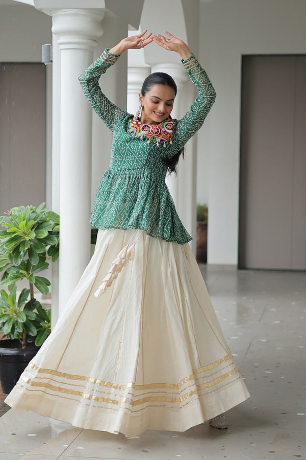 Green Navratri Special Cotton Lehenga Choli Set with Gota Patti Lace & Bandhani Gamthi Work – Full Stitched ClothsVilla