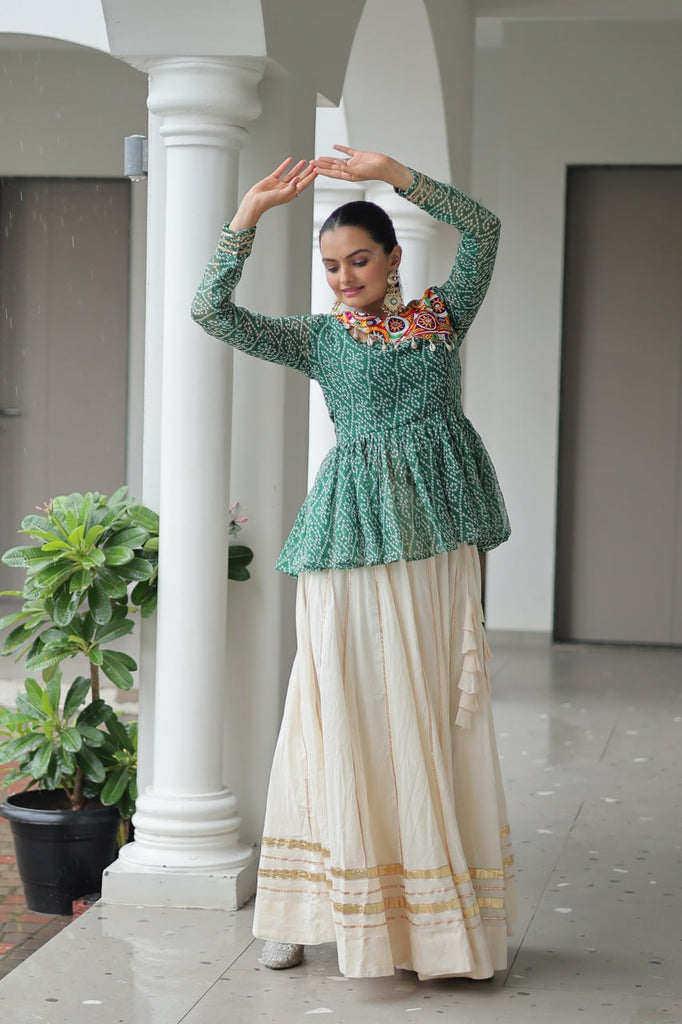 Green Navratri Special Cotton Lehenga Choli Set with Gota Patti Lace & Bandhani Gamthi Work – Full Stitched ClothsVilla