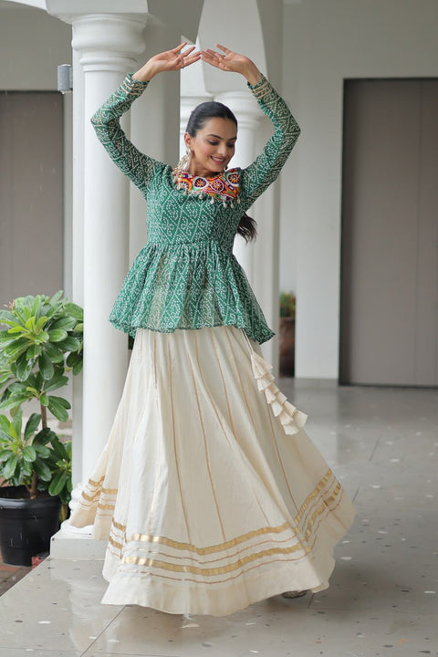 Green Navratri Special Cotton Lehenga Choli Set with Gota Patti Lace & Bandhani Gamthi Work – Full Stitched ClothsVilla Main image