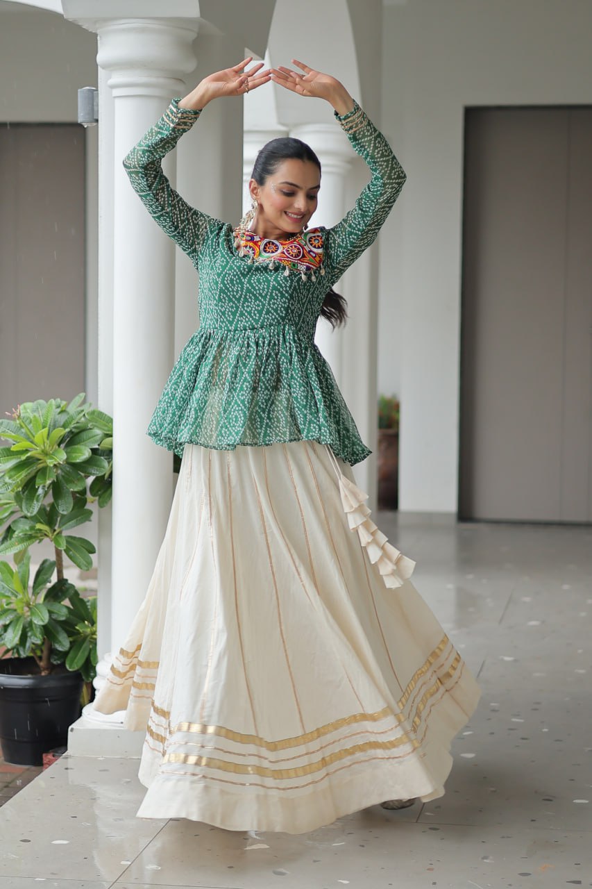 Green Navratri Special Cotton Lehenga Choli Set with Gota Patti Lace & Bandhani Gamthi Work – Full Stitched ClothsVilla