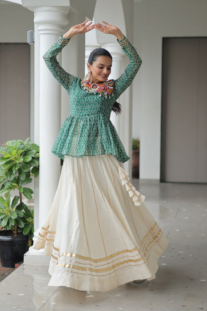 Green Navratri Special Cotton Lehenga Choli Set with Gota Patti Lace & Bandhani Gamthi Work – Full Stitched ClothsVilla