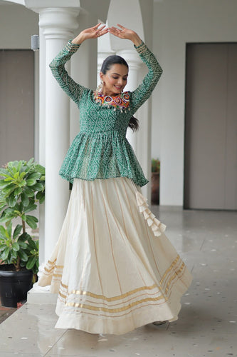 Green Navratri Special Cotton Lehenga Choli Set with Gota Patti Lace & Bandhani Gamthi Work – Full Stitched ClothsVilla