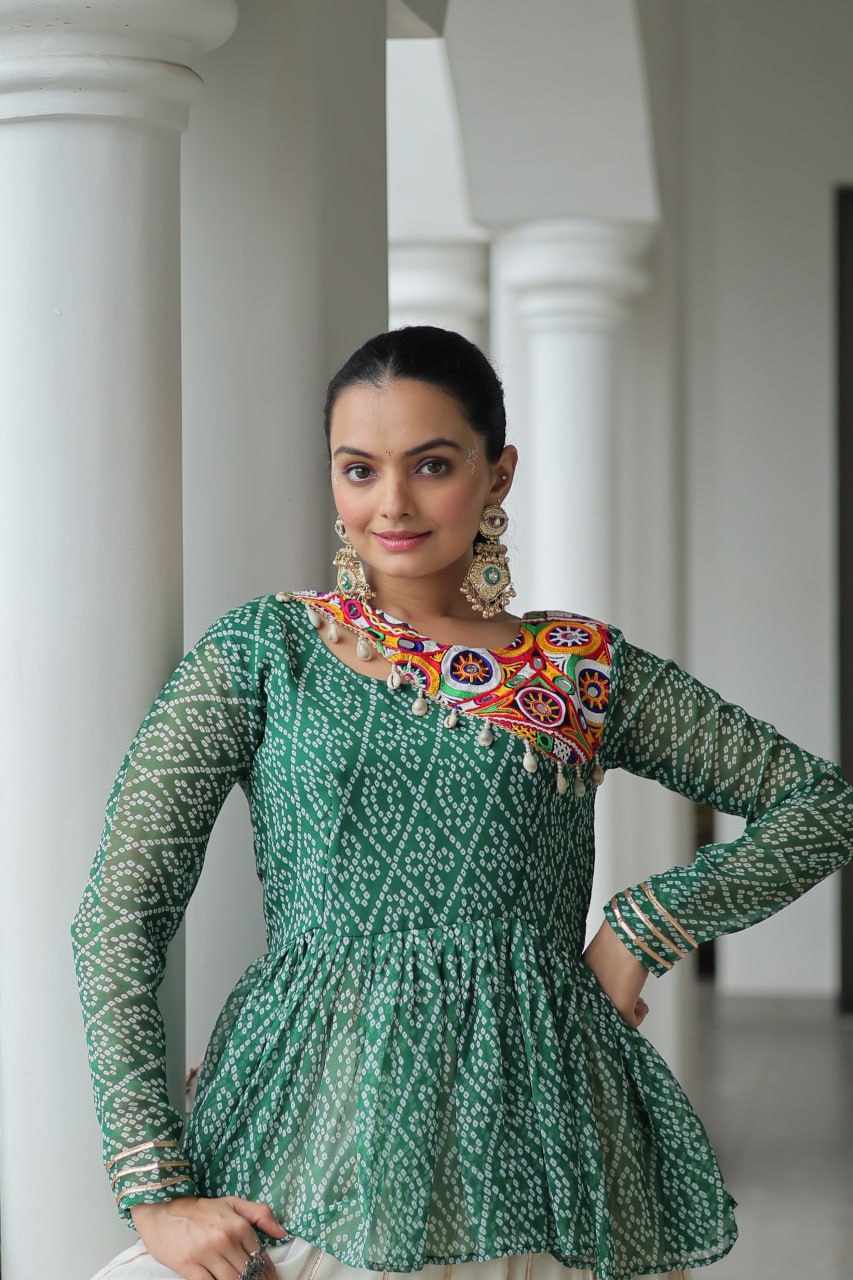 Green Navratri Special Cotton Lehenga Choli Set with Gota Patti Lace & Bandhani Gamthi Work – Full Stitched ClothsVilla