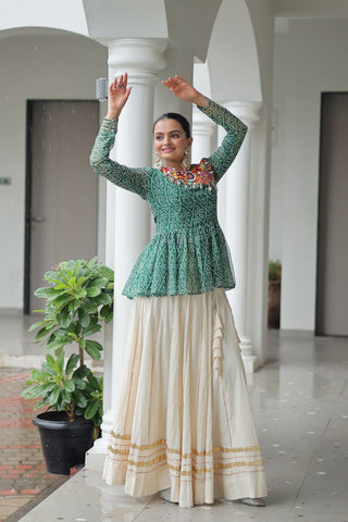 Green Navratri Special Cotton Lehenga Choli Set with Gota Patti Lace & Bandhani Gamthi Work – Full Stitched ClothsVilla