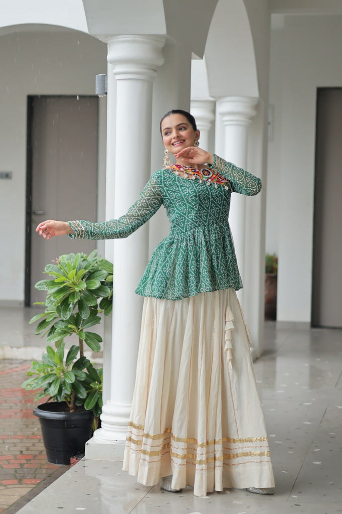 Green Navratri Special Cotton Lehenga Choli Set with Gota Patti Lace & Bandhani Gamthi Work – Full Stitched ClothsVilla