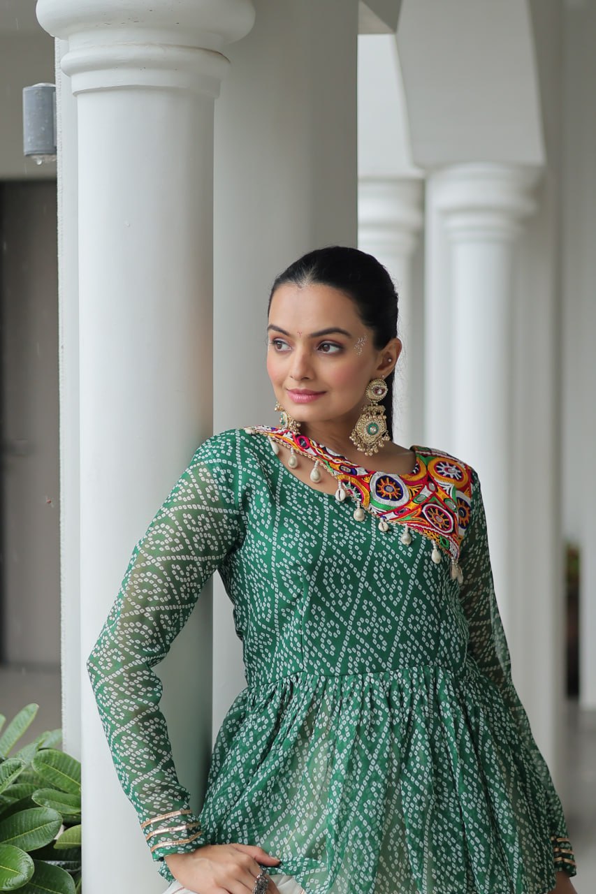 Green Navratri Special Cotton Lehenga Choli Set with Gota Patti Lace & Bandhani Gamthi Work – Full Stitched ClothsVilla