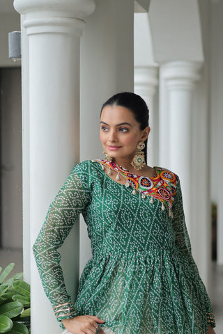 Green Navratri Special Cotton Lehenga Choli Set with Gota Patti Lace & Bandhani Gamthi Work – Full Stitched ClothsVilla