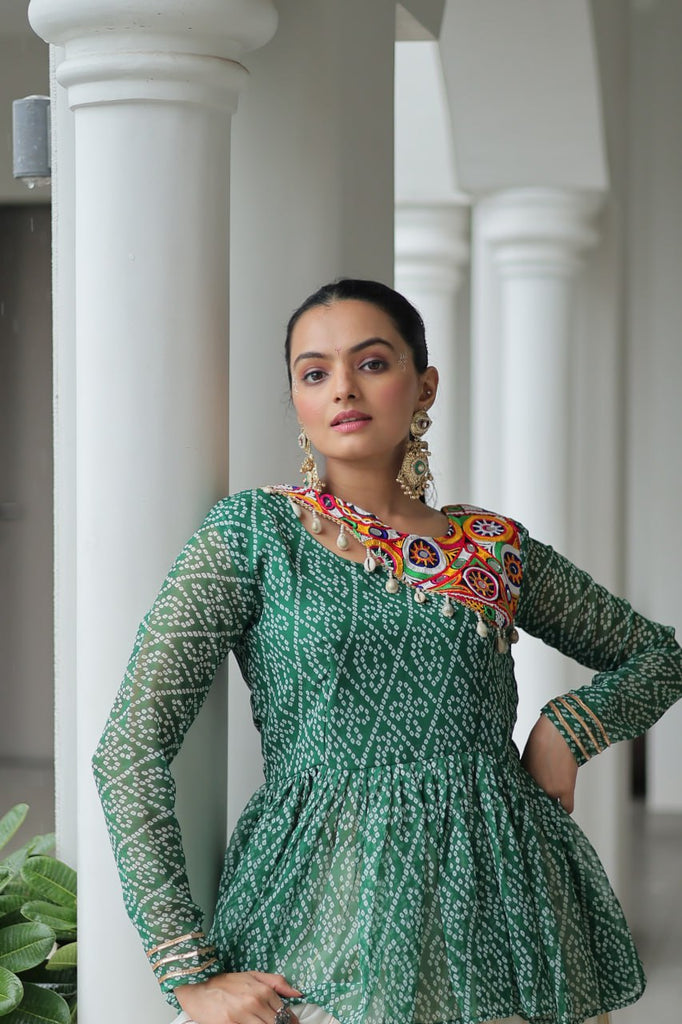 Green Navratri Special Cotton Lehenga Choli Set with Gota Patti Lace & Bandhani Gamthi Work – Full Stitched ClothsVilla