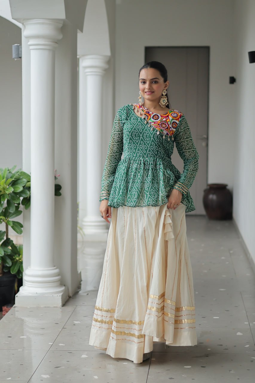 Green Navratri Special Cotton Lehenga Choli Set with Gota Patti Lace & Bandhani Gamthi Work – Full Stitched ClothsVilla