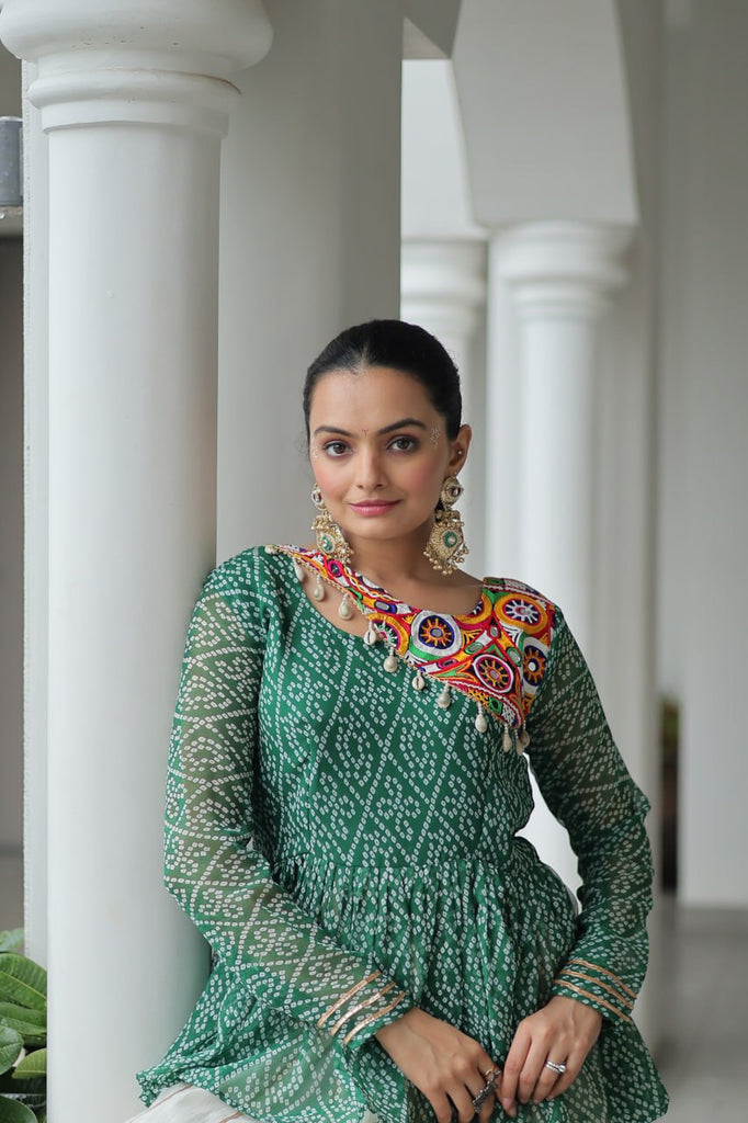 Green Navratri Special Cotton Lehenga Choli Set with Gota Patti Lace & Bandhani Gamthi Work – Full Stitched ClothsVilla