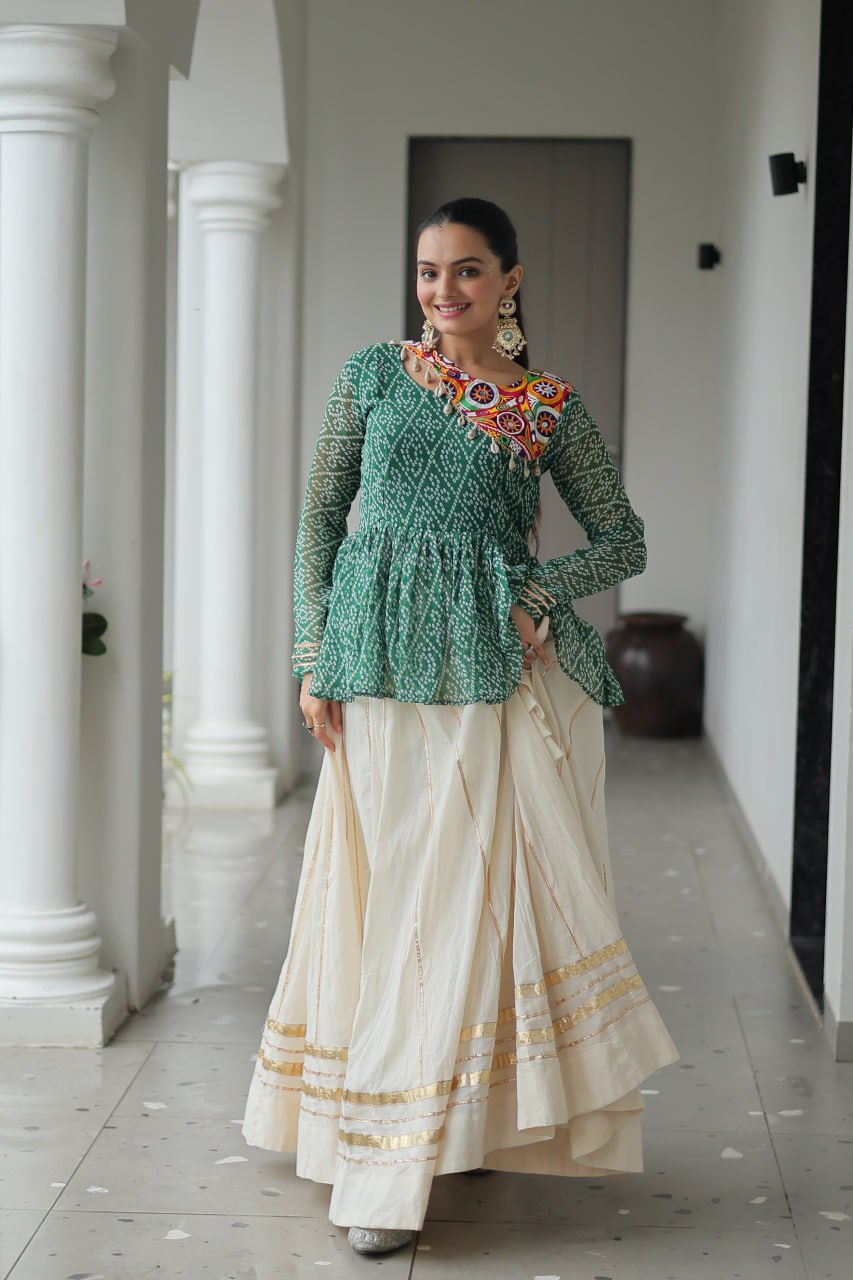 Green Navratri Special Cotton Lehenga Choli Set with Gota Patti Lace & Bandhani Gamthi Work – Full Stitched ClothsVilla
