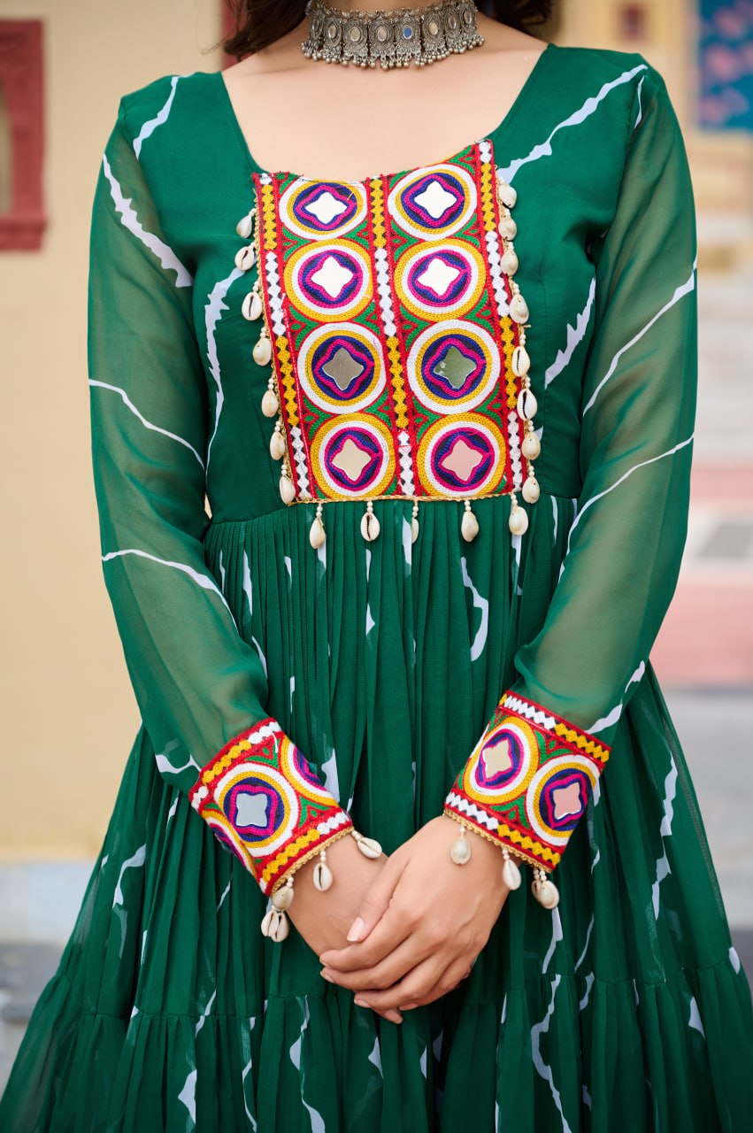 Green Navratri Special Traditional Laheriya Print Kutchi Work Gown in Faux Georgette – 12 Meter Flair ClothsVilla