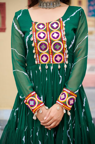 Green Navratri Special Traditional Laheriya Print Kutchi Work Gown in Faux Georgette – 12 Meter Flair ClothsVilla