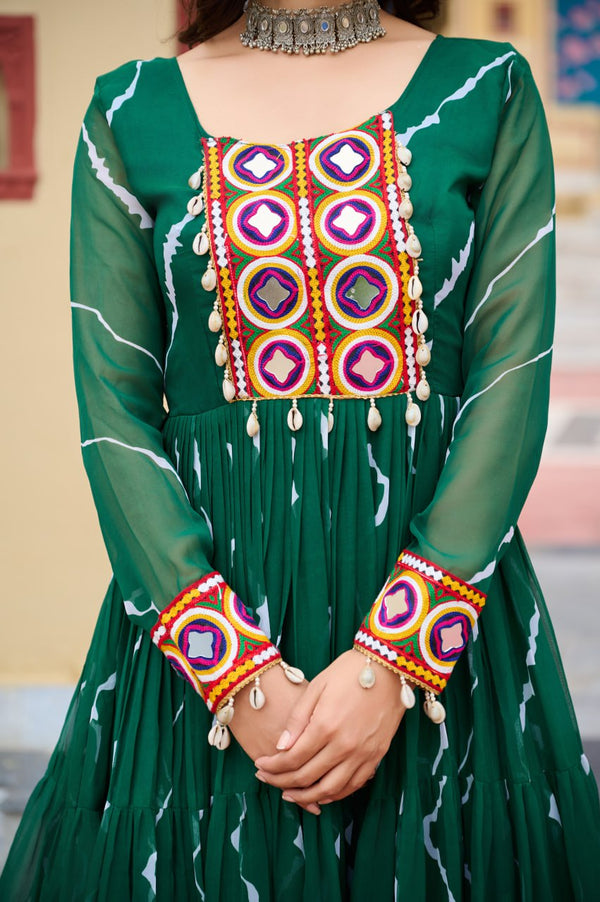 Green Navratri Special Traditional Laheriya Print Kutchi Work Gown in Faux Georgette – 12 Meter Flair ClothsVilla