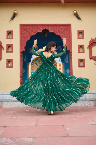 Green Navratri Special Traditional Laheriya Print Kutchi Work Gown in Faux Georgette – 12 Meter Flair ClothsVilla
