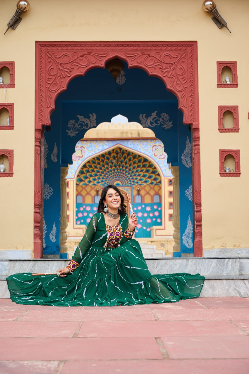 Green Navratri Special Traditional Laheriya Print Kutchi Work Gown in Faux Georgette – 12 Meter Flair ClothsVilla