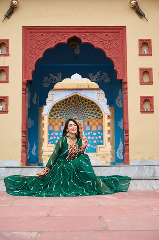 Green Navratri Special Traditional Laheriya Print Kutchi Work Gown in Faux Georgette – 12 Meter Flair ClothsVilla