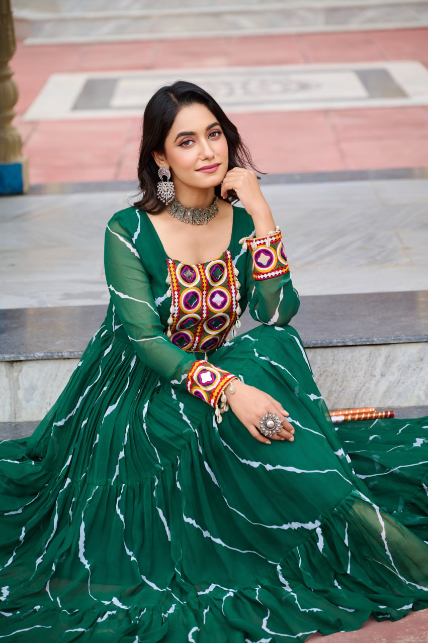 Green Navratri Special Traditional Laheriya Print Kutchi Work Gown in Faux Georgette – 12 Meter Flair ClothsVilla