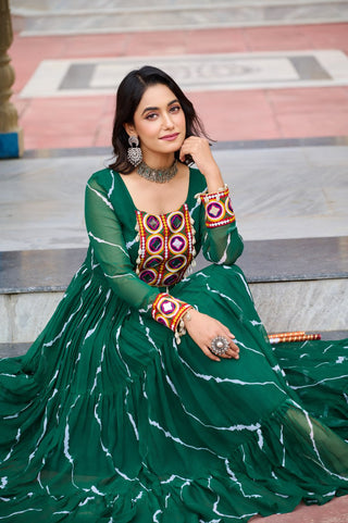 Green Navratri Special Traditional Laheriya Print Kutchi Work Gown in Faux Georgette – 12 Meter Flair ClothsVilla