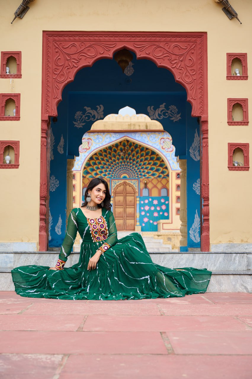 Green Navratri Special Traditional Laheriya Print Kutchi Work Gown in Faux Georgette – 12 Meter Flair ClothsVilla