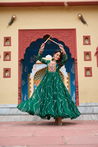Green Navratri Special Traditional Laheriya Print Kutchi Work Gown in Faux Georgette – 12 Meter Flair ClothsVilla