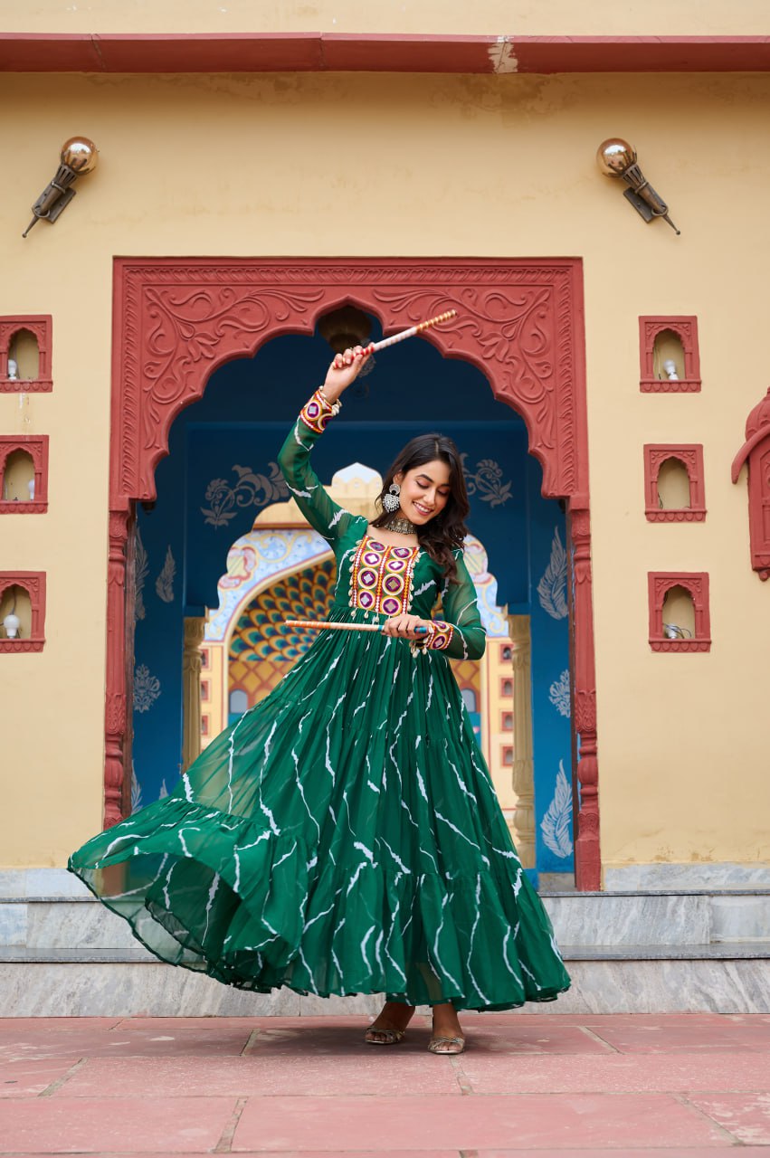 Green Navratri Special Traditional Laheriya Print Kutchi Work Gown in Faux Georgette – 12 Meter Flair ClothsVilla