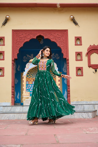 Green Navratri Special Traditional Laheriya Print Kutchi Work Gown in Faux Georgette – 12 Meter Flair ClothsVilla